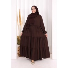 Bym Fashion Kol Lastikli Kat Görünümlü Abayalı Elbise Takım 3859 Kahverengi