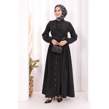Bym Fashion Broş Detaylı Boydan Düğmeli Elbise 7059 Siyah