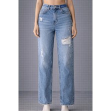 İnce Moda Giyim Yüksek Bel Yırtık Detaylı Açık Mavi Straight Fit Kadın Jean