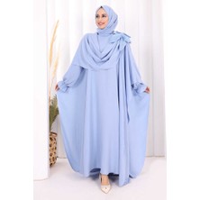 Bym Fashion Pamuk Çiçek Detaylı Elbise Abaya Şal Hediye  8009 Mavi