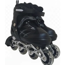 Depomiks Avm EKİN TOYS Siyah Çift Sıra Ayarlanabilir Işıklı Alüminyum Gövde Alıştırma Pateni + Koruyucu Dizlik Seti