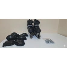 Depomiks Avm EKİN TOYS Siyah Çift Sıra Ayarlanabilir Işıklı Alüminyum Gövde Alıştırma Pateni + Koruyucu Dizlik Seti