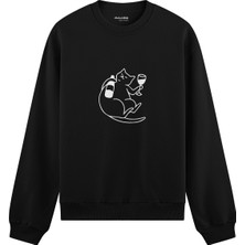 The Lucid Lab Wine Lover Cat Oversize Sweatshirt - Siyah