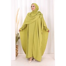 Bym Fashion Pamuk Çiçek Detaylı Elbise Abaya Şal Hediye  8009 Yağ Yeşili