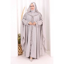 Bym Fashion Keten Pelerinli Elbise Abaya Takım 8021 Açık Gri