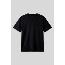 Air Jones Siyah Waffle İnterlok Yüzeyi Dokulu Oversize Fit Basic Erkek T-Shirt - 88379