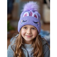 Mollycrush Lila Unicorn Nakışlı Içi Polar Kız Çocuk Kışlık Bere