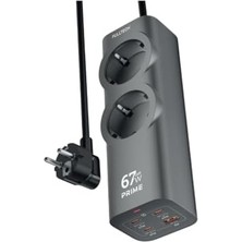 Velora Akım Korumalı Priz, Güç Şeridi, 67W Gan Hızlı Şarj Adaptörü, Tam Zamanlı 6 Bağlantı Noktası, 2x Priz Girişi, 1x USB Girişi, 3x Type-C Girişi, Yüksek Verimlilik (1.5 Metre)