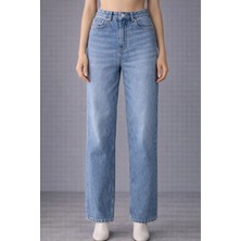 İnce Moda Giyim Yüksek Bel Açık Mavi Straight Fit Kadın Jean Pantolon