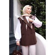 İmaj Butik Kahverengi Kravuze Yaka Fular Detaylı Yelek