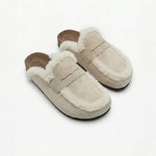 No Miento Alka Kürklü Kadın Vegan Deri  Bej Sabo Terlik