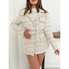 Zengezur Mall Matrixzn Çok Düğmeli Kemerli Yüksek Kaliteli Astarlı Ceket Krem OS255859 (Beden: L)