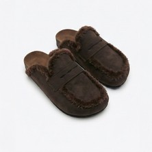 No Miento Alka Kürklü Kadın Vegan Deri  Kahverengi Sabo Terlik