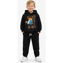 Siyah Skater Ayıcık Baskılı Erkek Çocuk Eşofman Takımı