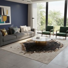 Decomarie Koyu Siyah Merkezli Bej ve Kahverengi Tonlu Dana Derisi Patchwork Halı