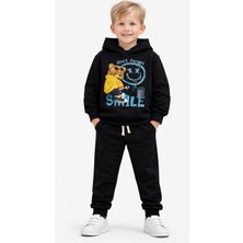 Siyah Ayıcık Baskılı Kapüşonlu Erkek Çocuk Eşofman Takımı