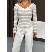 Zengezur Mall Matrixzn V Yaka Kol ve Yaka Düğmeli Bluz Gribeyaz A4047 (Beden: L)