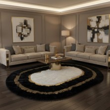Decomarie Siyah Zeminli Beyaz Merkezli Altın Motif Bordürlü Oval Peluş Halı