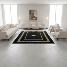 Decomarie Siyah Zeminli Çift Altın Bordür Detaylı Peluş Halı – Yumuşak Dokulu, Modern ve Dekoratif Halı