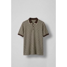 Abluka Online Erkek Regular Fit Çizgili Polo Yaka Örme T-Shirt Kahverengi