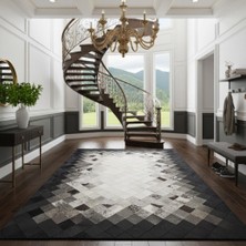 Decomarie Açık Ton Zeminli Siyah Çerçeve Desenli Dana Derisi Patchwork Halı