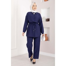 Ns Broş Detaylı Beli Tünelli Tunik Takım Lacivert