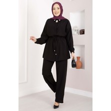 Ns Broş Detaylı Beli Tünelli Tunik Takım Siyah