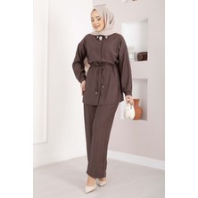 Ns Broş Detaylı Beli Tünelli Tunik Takım Kahve