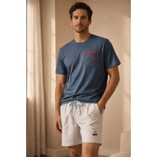 Katia & Bony Erkek Mediterranean Kiraz Nakışlı Şortlu Pijama Takımı Lacivert