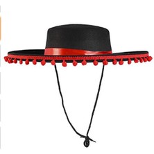 Subutu Kırmızı Ponponlu Siyah Renk Çuk Ispanyol Şapkası