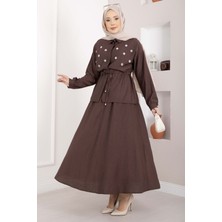 Ns Taş İşlemeli Beli Tünelli Etekli Takım Kahve