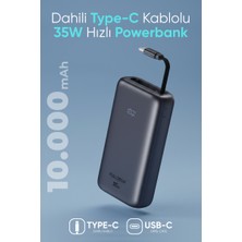 Enshall 10.000MAH LCD Ekranlı Fulltech Otomatik 50CM Type-C Kablolu 35W Hızlı Şarj Taşınabilir Powerbank