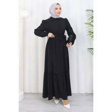 HL Rose Kuşaklı Yarım Düğmeli Elbise Siyah