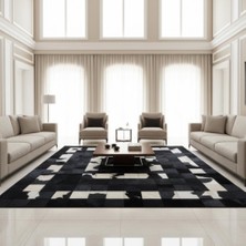 Decomarie Siyah Zeminli Beyaz Desenli Dana Derisi Patchwork Halı