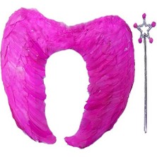 Subutu Gerçek Tüylü Katlanabilir Çuk Pembe Melek Kanadı ve Asa Seti 40X55 cm