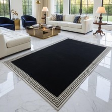 Decomarie Siyah Zeminli Silver Çerçeveli Peluş Halı – Yumuşak Dokulu, Modern ve Dekoratif Halı