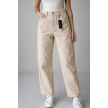 İnce Moda Giyim Yüksek Bel Bej Kargo Pantolon – Straight Fit Rahat Kesim