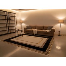 Decomarie Beyaz Zeminli Siyah ve Altın Bordür Detaylı Peluş Halı