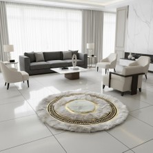 Decomarie Krem Zeminli Beyaz Merkezli Altın Detaylı Yuvarlak Toskana Halı