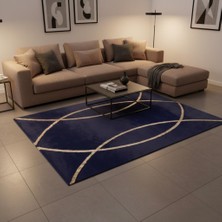 Decomarie Lacivert Zeminli Altın Kavisli Çizgi Desenli Peluş Halı – Yumuşak Dokulu