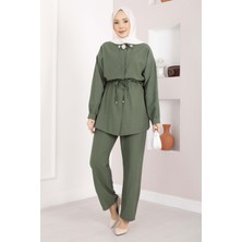 Ns Broş Detaylı Beli Tünelli Tunik Takım Haki