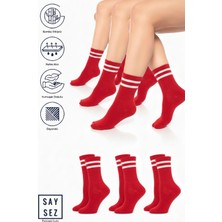 Saysez Bambu Unisex Tenis Kolej Çizgili Premium Kırmızı Renk Dikişsiz Soket Çorap 3'lü Paket