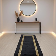 Decomarie Siyah Zeminli Çift Altın Bordürlü Peluş Runner Halı