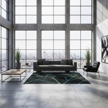 Decomarie Siyah ve Yeşil Tonlu Geometrik Dana Derisi Patchwork Halı – El Yapımı Doğal Deri Dekoratif Halı