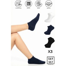Saysez Bambu Kadın Patik Düz Siyah-Beyaz-Lacivert Çorap Dikişsiz Premium 3'lü Paket