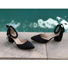 İlkinin Pabuçları Incili Bilek Detaylı Ayakkabı, Siyah Saten Kadın Ayakkabısı, 5cm Kalın Topuklu Abiye Ayakkabısı