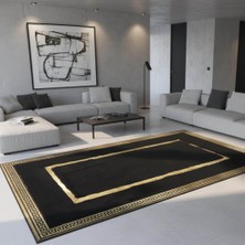 Decomarie Siyah Zeminli Altın Çerçeve Detaylı Peluş Halı
