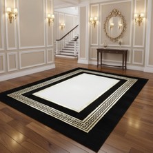 Decomarie Siyah Zeminli Beyaz Merkezli Altın Ince Bordür Detaylı Peluş Halı