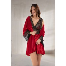 Subutu Kırmızı Kadife Sabahlık &amp; Gecelik Takım 2' Li
