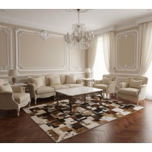 Decomarie Kahverengi, Siyah ve Bej Tonlu Dana Derisi Patchwork Halı